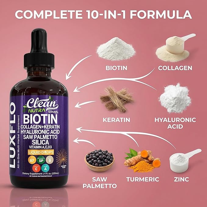 Liquid Biotin &amp Collagen Keratin Hyaluronic Acid Saw Palmetto Drops Vitamins for Hair Growth Support Silica Vitamin A C D Bamboo Turmeric Zinc Folate Magnesium Horsetail LuxFlo By Clean Nutra