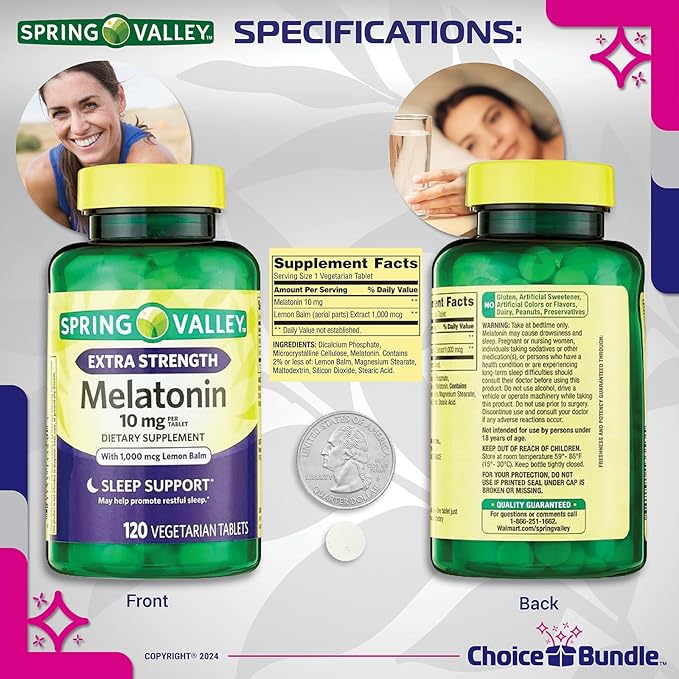 Spring Valley Extra Strength Melatonin Tablets with Lemon Balm Dietary Supplement for Sleep Support 10 mg 120 Ct 4 pk (480 Total) + Vitamin Vitality &amp Pill Container (6 Items)!