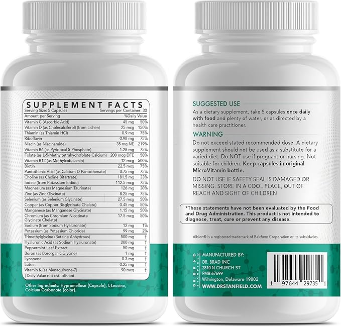 Daily Low Dose MultiVitamin &amp Mineral for Men &amp Women to Support Cognitive Performance &amp Memory + Hyaluronic Acid for Skin Health + TMG for Exercise (150 Count)
