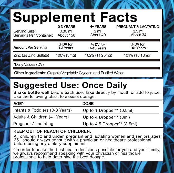 USDA Organic Ionic Zinc Droppers for Men Women &amp Kids | Liquid Zinc Supplement Trace Mineral Formula | Immune Function | Skin Health | 98% Absorption | Sugar-Free Vegan Non-GMO | 4 Fl Oz