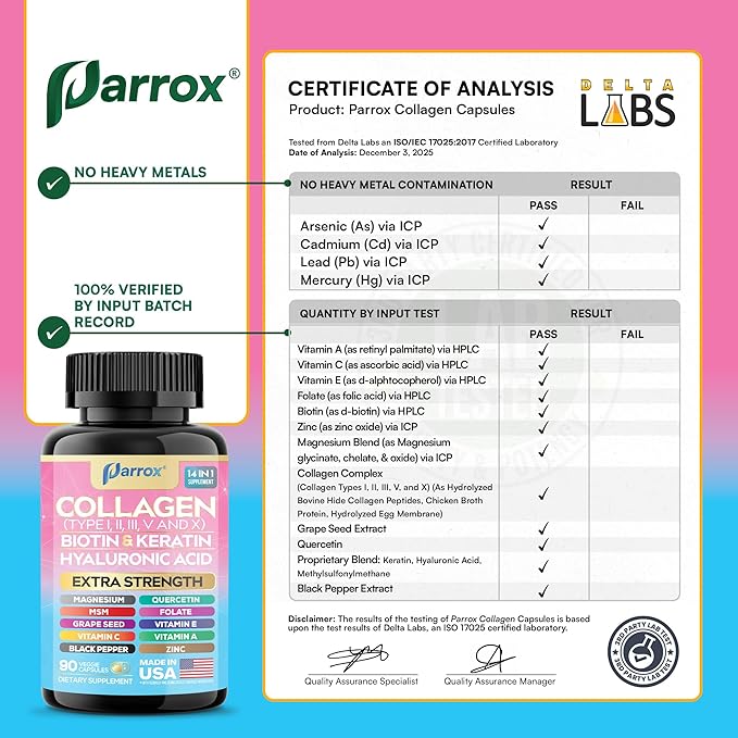Collagen Peptides Types I II III V &amp X MCG Biotin Keratin Hyaluronic Acid MSM Zinc Grape Seed Extract Quercetin Vitamin A Vitamin C Vitamin E Magnesium Folic Acid (90 Capsules)