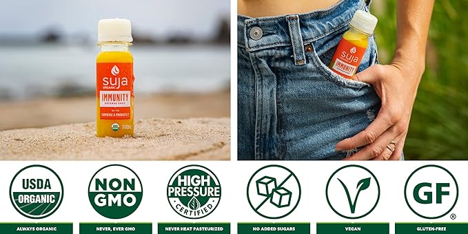 Suja Organic Immunity Defense Shot (60 Pack) with Turmeric and Ginger | Immunity Boost &amp Support | Functional Shots | Cold-Pressed Juice with Live Probiotics | Plant-Based &amp Gluten-Free