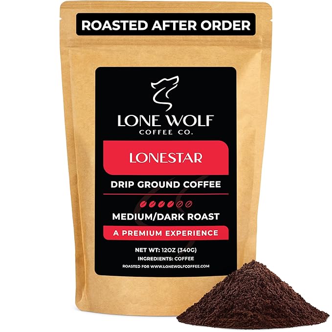 Lonestar - Freshly Roasted After Your Order – Specialty Grade Low Acid Artisanal Medium to Dark Roast Drip Ground Coffee No Bitterness Ethically Sourced 12OZ Compostable Bag
