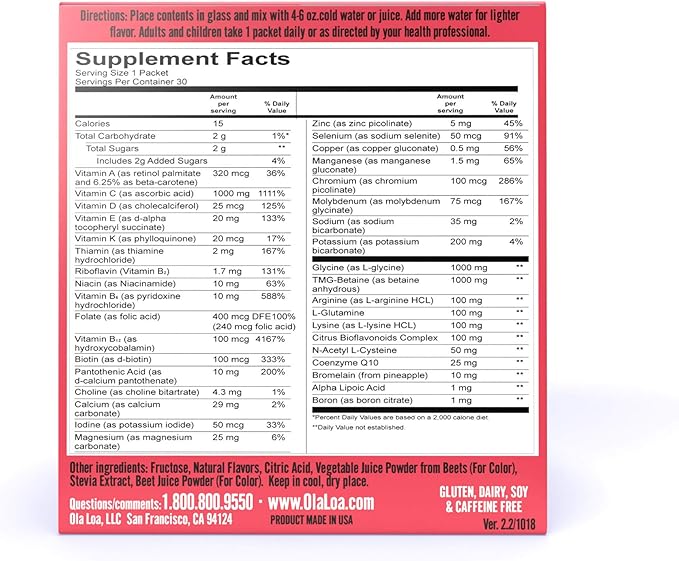 Ola Loa Energy Cran-Raspberry Multi Vitamin Drink Mix - Amino Energy Powder Gluten Free Detox Dairy Free Caffeine Free - Drink Your Vitamins for The Rigors of Daily Life - 30 Packets (8.25oz)