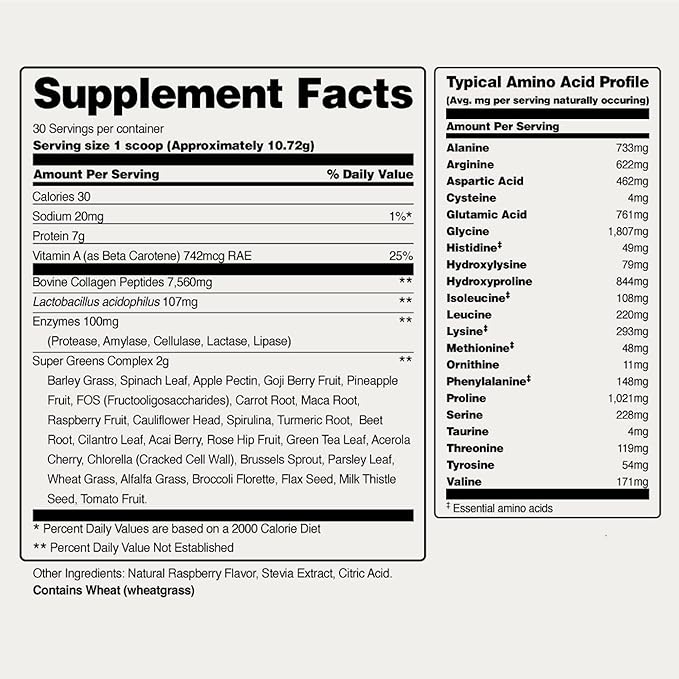 Snap Supplements Super Greens Powder with Collagen Peptides 26 Fruits and Vegetables Grass Fed Non-GMO Daily Greens for Hair Skin Nails &amp Joint Support 11.34 oz (30 Servings 1 Month Supply