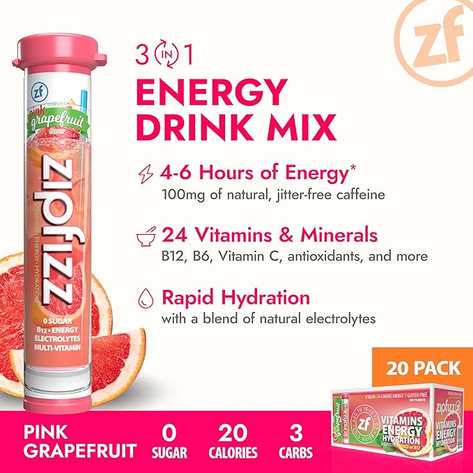 Zipfizz Daily Energy Drink Powder Pink Grapefruit 20 Pack | 3-in-1 Sustained Energy Rapid Hydration and Essential Vitamins | Sugar-Free | Electrolyte Powder | Contains Vitamin B-12 &amp Antioxida