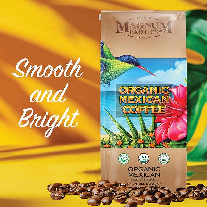 Magnum Exotics Organic Mexican Coffee - Medium Roast Whole Bean Low Acid USDA Certified Organic - 2 lb (32 oz)