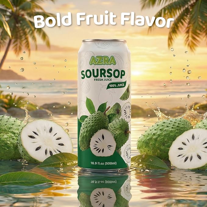 AZRA 100% Soursop Juice – 500ml Cans Exotic Fruit Juice Beverages – Zero Sugar Drinks Healthy Soursop Drink for Kids and Adults – Bulk 100% Juice Pack 12 Count