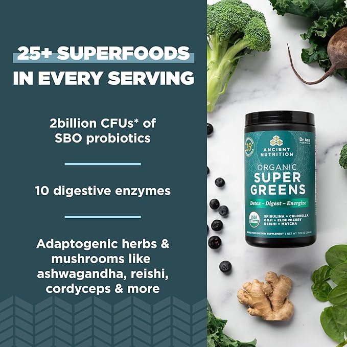 Ancient Nutrition Multi Collagen Protein Powder Unflavored 60 Servings + Supergreens Powder Greens Flavor 25 Servings