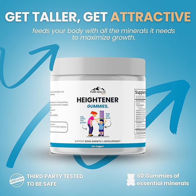 Heightener Gummies - Natural Height Growth Supplement for Kids Teens and Adults to Increase Bone Strength and Grow Tall | Height Maximizer Pills with L-Arginine Calcium &amp Zinc | 60 Gummy