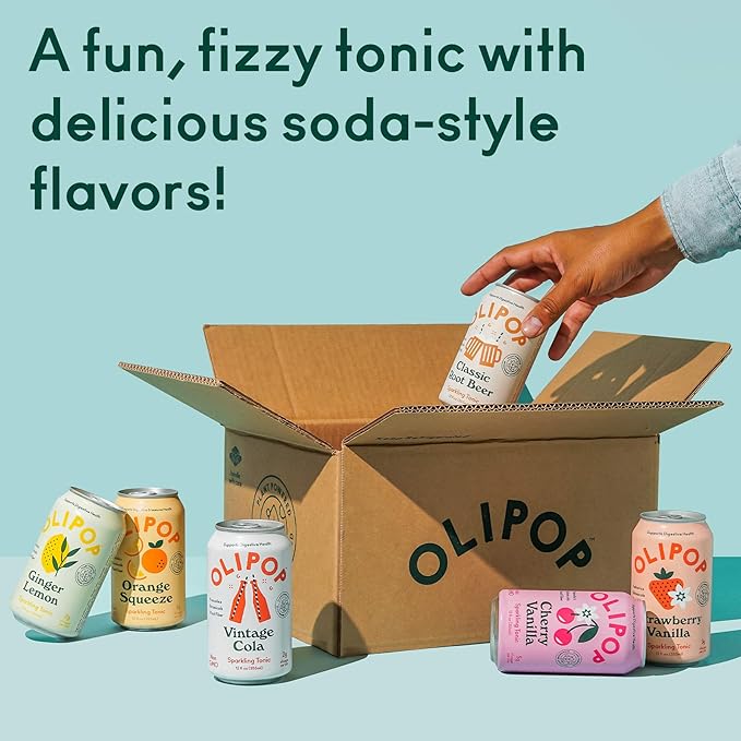 OLIPOP - 6-Flavor Soda Variety Pack Healthy Soda Sampler Prebiotic Soft Drinks Supports Digestive Health &amp Gut Health High Fiber Low Calorie Low Sugar(12 oz 6-Pack)