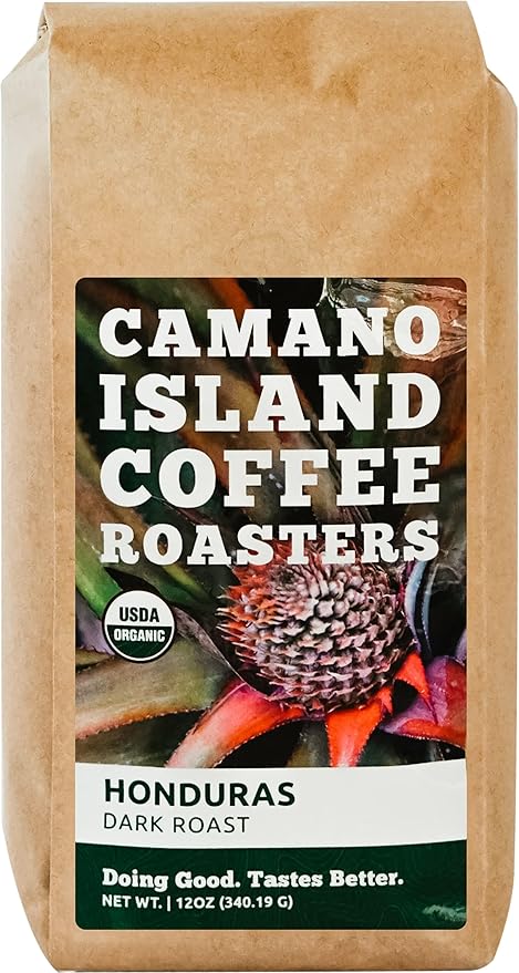 Camano Island Coffee Roasters Honduras Dark Roast Whole Bean 12oz Fresh Small Batch Roasted USDA Organic Fairly Traded Shade Grown Top 1% Arabica - Molasses Brown Sugar Cinnamon Flavor
