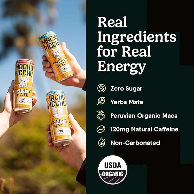 MACHU PICCHU Zero Sugar Energy Mate Drink – Non-Carbonated Yerba Mate 120mg Organic Caffeine Smooth Focus Without Jitters or Crash Low Calorie USDA Organic 12oz Cans (12-Pack-“Alpine Mint”)