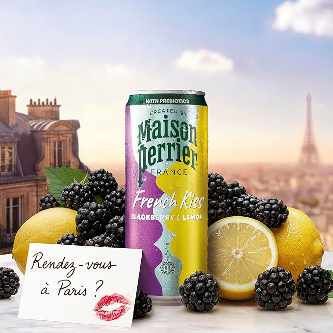 Maison Perrier French Kiss Sweetened Sparkling Juice Beverage Blackberry &amp Lemon Flavors With Real Fruit Juices 24Pk