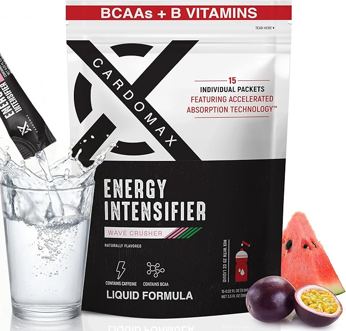 CardoMax - Energy Drink Packets - Liquid Preworkout for Men &amp Women Caffeine Packets with BCAA Vitamin B12 Vitamin B6 &amp B3 - Sugar-Free Zero Calorie Vegan &amp Keto - 15 Stick Packs - Wav