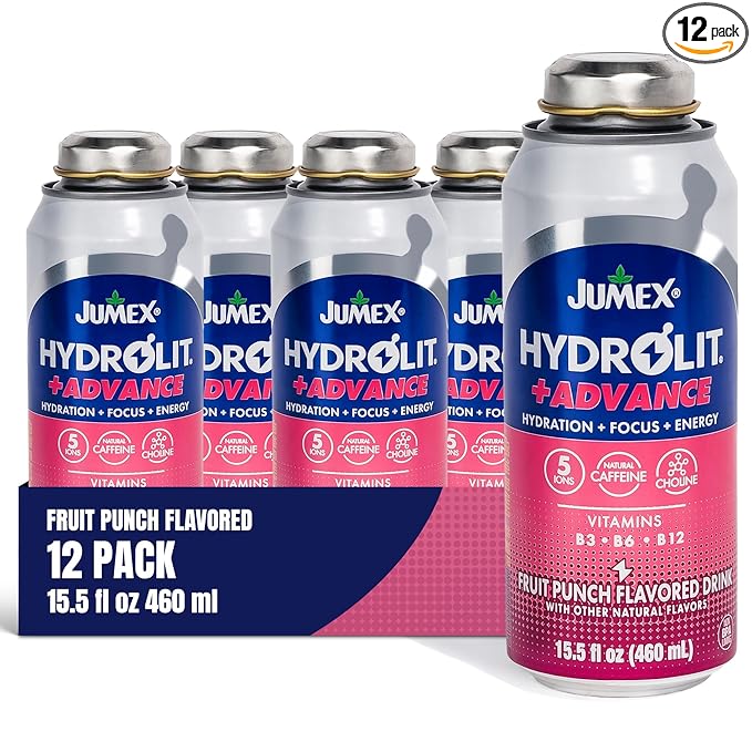 Jumex Hydrolit +Advance Hydration Energy Drinks - 90 Calorie Fruit Punch Sports Drinks - Non Carbonated Electrolyte &amp Vitamin Water with Ions Choline B3 B6 B12 &amp Natural Caffeine - 15.5oz