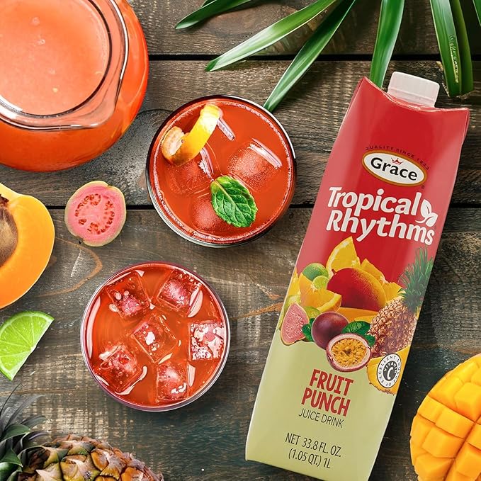Grace Tropical Rhythms Fruit Punch Jamaican Juice 1 Liter (33.8oz)- 3 Cartons - Authentic Jamaican Drink