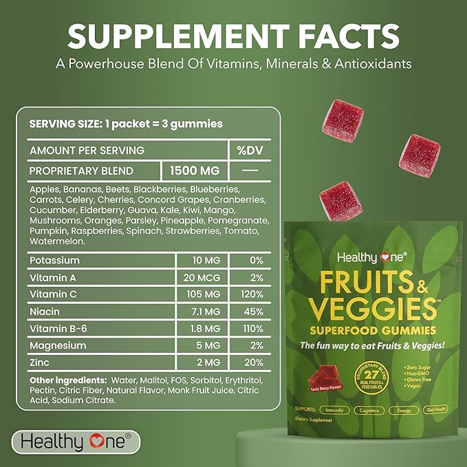 Fruits &amp Veggies Sugar-Free Gummies - 27 Whole Foods - Equals 3 Servings of Fruits &amp Vegetables - Improve Energy Focus &amp Immune Function - Fiber - Antioxidants - Organic Ingredients - 14