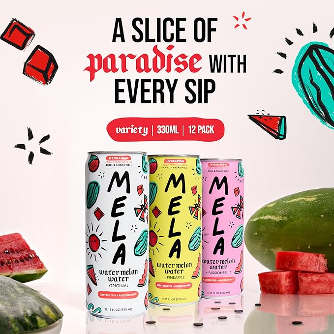 Mela Watermelon Water - Watermelon Juice 100 Percent Natural Fruit Juice with Vitamin C Electrolytes Antioxidants - Coconut Water Alternative Gluten-Free (Variety 11.15 fl oz 12-pack)