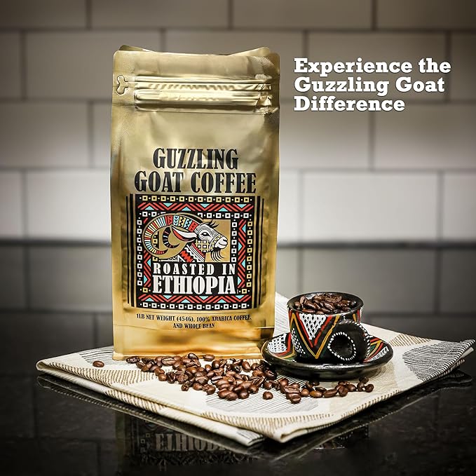 Guzzling Goat Ethiopian Coffee Beans | Premium Medium Roast Coffee Whole Bean | Strong Flavorful Brew | Sourced &amp Roasted in Ethiopia