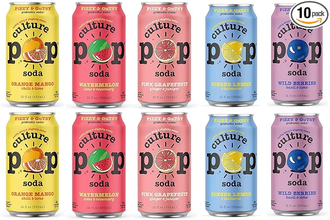 Culture Pop Sparkling Probiotic Soda 5 Flavor Variety Pack 40 Calories per can Vegan Non-GMO | 12 Fl Oz Cans Pack of 10