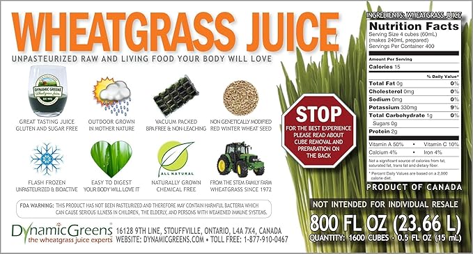 100% Wheatgrass Juice – Field-Grown Flash-Frozen Unpasteurized – 800 fl oz (1600 x 0.5 fl oz Portions) – Dynamic Greens