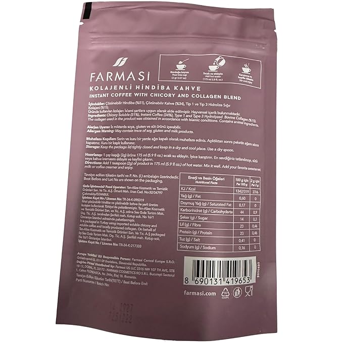 FARMASi Nutriplus Instant Coffee with Chicory and Collagen Medium Roast Soluble Coffee Blend Low Caffeine Alternative Beverage Non GMO Sugar Free 3.53 oz