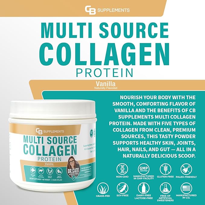 CB Supplements Multi Collagen Protein – Hydrolyzed Collagen for Joint Skin Gut Hair &amp Nail Health – Vanilla Flavored Powder with Types I II III V &amp X – Grass-Fed &amp Clean – 58 Serving
