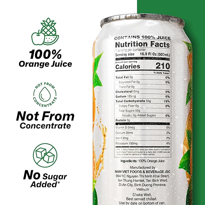VINUT 100% Orange Juice No Added Sugar Never From Concentrate 16.9 fl oz (500 mL) Can Pack of 24