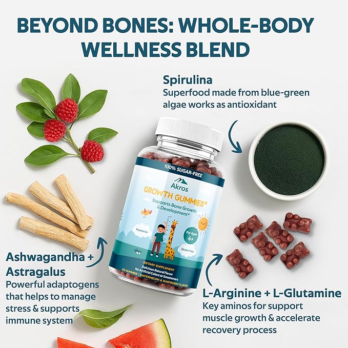 Akros Growth Gummies for Kids &amp Teens | Sugar-Free Calcium + Vitamin D3 &amp K2 Gummies - Height &amp Bone Support | Ashwagandha Spirulina L-Arginine | Non-GMO Gluten-Free 60 Raspberry-Water