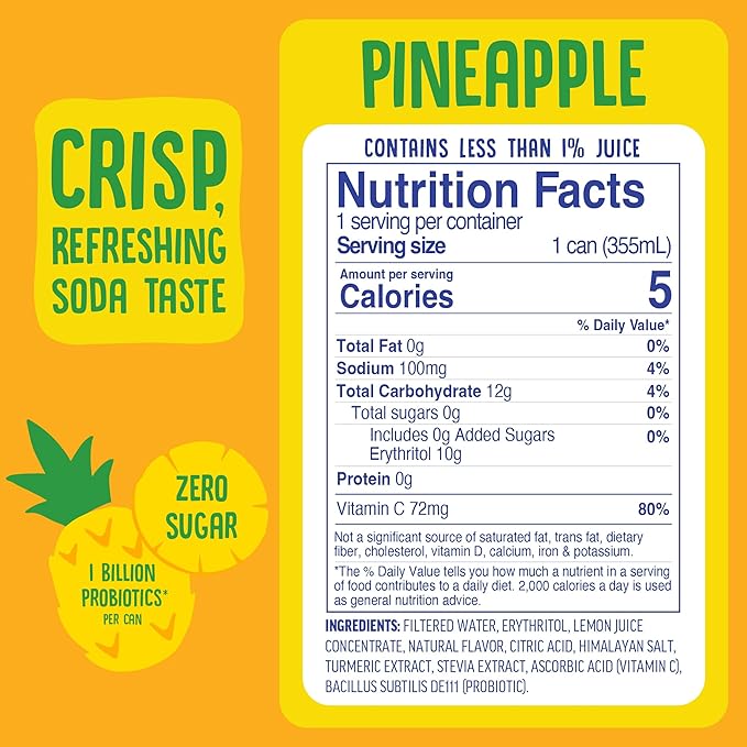 Cove Prebiotic Soda Soft Drinks with Zero Sugar - Refreshing Healthy Soda Alternative with 4g of Fiber for Digestive Support - Natural Caffeine Free Sparkling Beverage - Pineapple 12 Pack