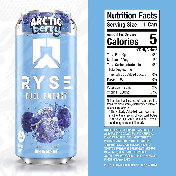 RYSE Fuel Energy Drink - Arctic Berry - Sugar Free Gluten Free &amp Vegan - 200mg Natural Caffeine Taurine &amp Choline for Focus &amp Energy - No Artificial Colors - 16 fl oz Cans (12-Pack)