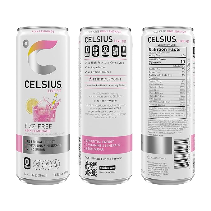 CELSIUS Fizz Free Pink Lemonade Sugar Free Energy Drink 12 Fl Oz (Pack of 12)