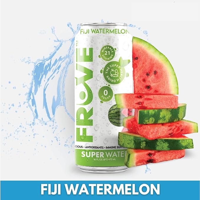 FrUve Super Water | Fiji Watermelon Flavor | 12 16oz Cans | Healthy Drink | Zero Sugar | Low Calorie Drink | Powerful Antioxidants | Boosts Immune System | NON-GMO | The Super Health Drink