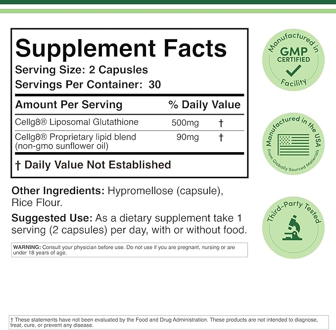Liposomal Glutathione Supplement 500mg per Serving 60 Capsules (Vegan Safe Non-GMO) Max Absorption Liposomal Glutathione with Genuine Smell and Taste by Double Wood