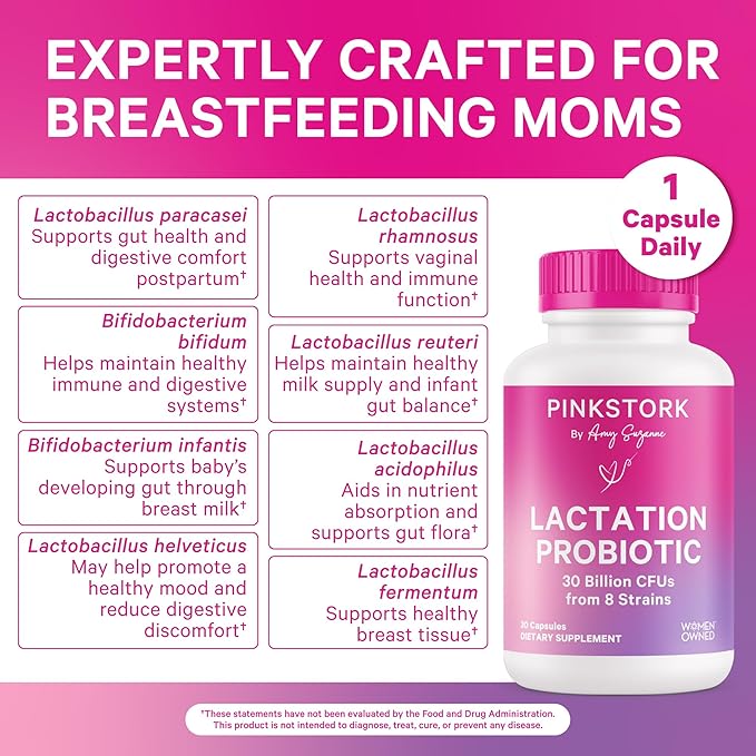 Pink Stork Lactation Probiotic - 30 Billion CFUs Multi Strain Postnatal Probiotics for Breastfeeding Women - Support Breast Milk &amp Gut Health Postpartum Essentials 60 Capsules