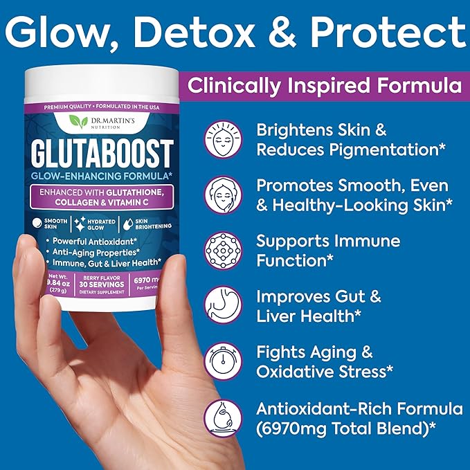 6970mg Glutathione Powder for Skin Brightening Enhanced with Collagen &amp Vitamin C | Brightens Skin Fades Dark Spots &amp Melasma Anti-Aging Antioxidant | Supports Immune Gut &amp Liver Health