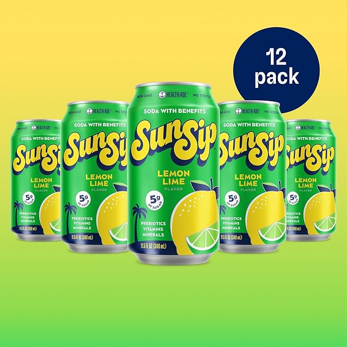 SunSip Prebiotic Soda by Health-Ade Better-for-You Soda Swap Beverage with Vitamins &amp Minerals Naturally Sweetened with 5g of Sugar Lemon Lime 11.5 oz (12 Pack)