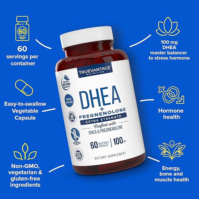 DHEA 100mg Supplement with Pregnenolone 60mg -Supports Hormone Balance Lean Muscle Mass Energy Mood Sleep and Healthy Aging in Men and Women- Vegetable Capsules