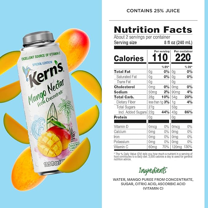 Kern’s Mango Nectar Lata Botella - Made with Fresh Fruit Puree - Mango Juice Concentrate for Tropical Fruit Smoothie Mix Cocktail Mixers &amp Kids Beverages - 15.5oz 12 Pack Resealable Juice Bottle