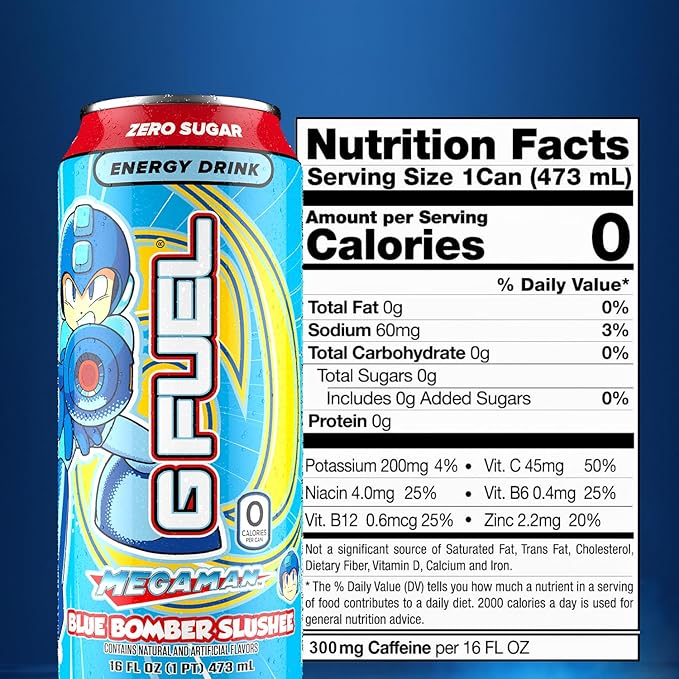 G Fuel Energy Drink Blue Raspberry Sugar Free Beverage with 300mg Caffeine Daily Energy Boost with Focus Amino Vitamin + Antioxidants 16 oz Cans (Megaman Blue Bomber 12-Pack)