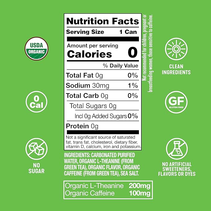 ARDOR Sparkling Water with 100mg Natural Caffeine &amp 200mg L-Theanine from Organic Green Tea for Smooth Energy &amp Focus | No Sugar 0 Calories | Vegan Gluten-Free | Mexican Lime - 12 Ct