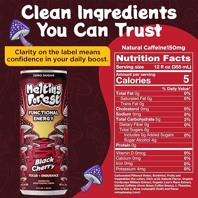 Melting Forest Mushroom Energy Drink Cordyceps &amp Lion's Mane 150mg of Caffeine Energy &amp Focus Cognitive Function &amp Mental Clarity Black Cherry (12 Pack)