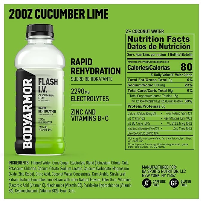 BODYARMOR Flash I.V. Electrolyte Beverage Cucumber Lime Hydration Drink with Coconut Water For Rapid Rehydration Post Workout Recovery 20 Fl Oz (Pack of 12)