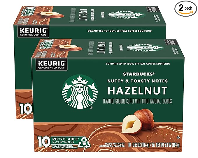 Starbucks Flavored Coffee K-Cup Pods Hazelnut Flavored Coffee Made without Artificial Flavors Keurig Genuine K-Cup Pods 10 CT K-Cups/Box (Pack of 2 Boxes)