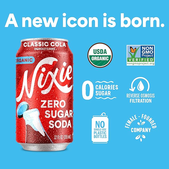 Nixie Organic Zero Sugar Soda Classic Cola Healthy Soda Pop Non-GMO 0 Sugar 0 Calories 40mg Caffeine 12oz Cans (12 Pack)