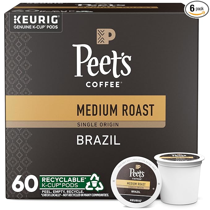 Peet's Coffee Medium Roast Keurig K-Cup Pods 100% Arabica Coffee - Single Origin Brazil 60 Count (6 Boxes of 10 K-Cup Pods)