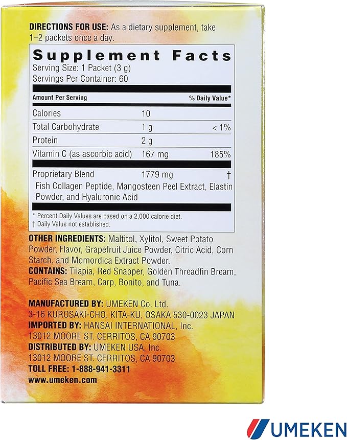 Umeken Elastin Beauty Powder Supplement with Collagen Peptides Hyaluronic Acid Vitamin C and Mangosteen Fruit Women’s Health and Wellness 2 Month Supply 120 Packets