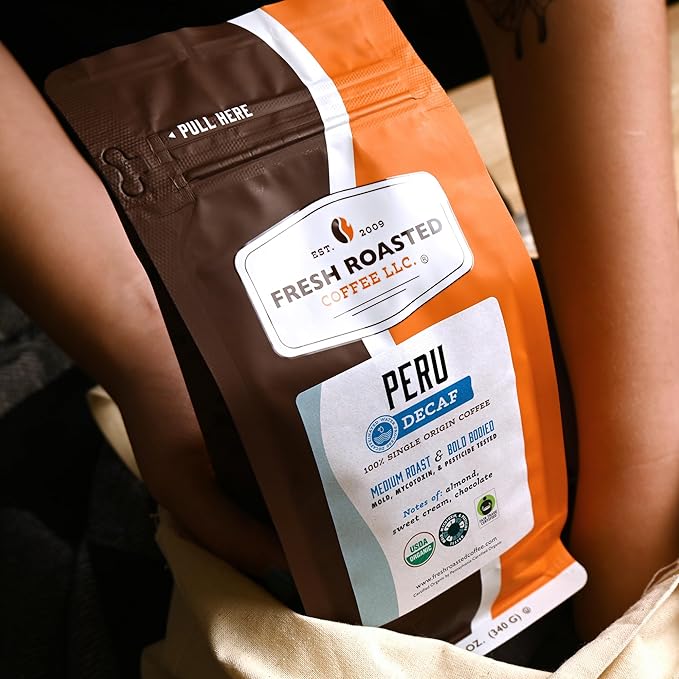 Fresh Roasted Coffee USDA Organic Peru Water-Processed Decaf | 3rd Party Tested for Pesticides Mold Mycotoxins Kosher | 100% Arabica Specialty Grade Med Roast 12 oz Ground