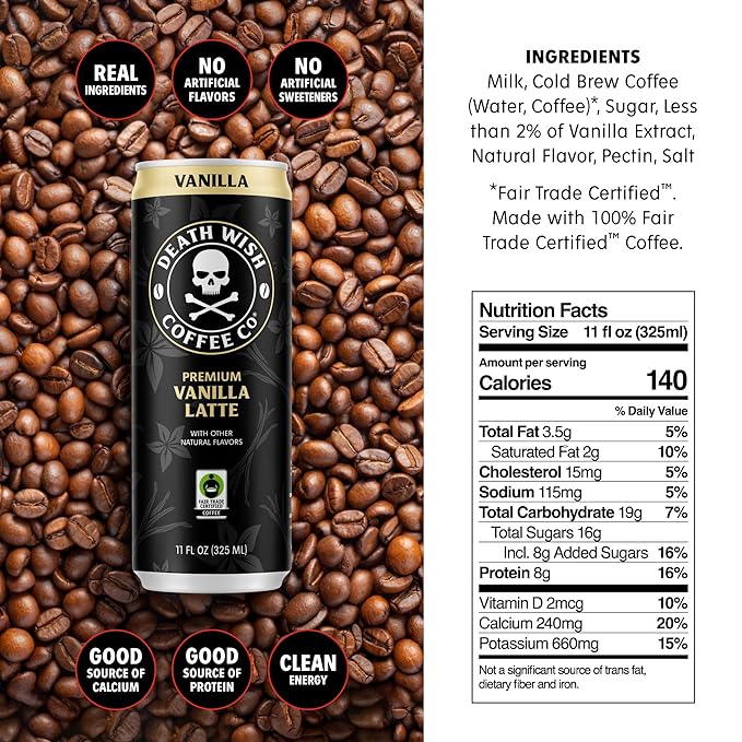 Death Wish Coffee Iced Coffee Cold Brew 8g Protein Fair Trade (Vanilla Latte)